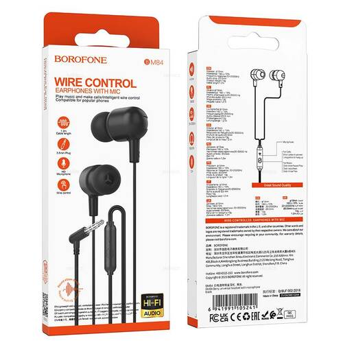 Наушники Borofone BM84 вакуумные, проводные, Jack 3.5, микрофон, черный
