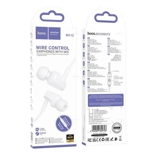 Наушники HOCO M112 вакуумные, проводные, Jack 3.5, микрофон, белый