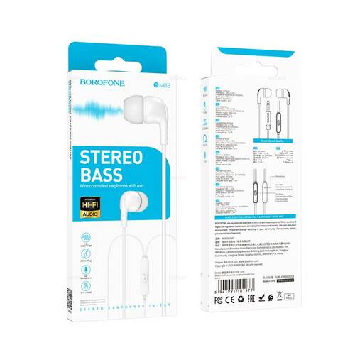 Наушники Borofone BM83 Craft вакуумные, проводные, Jack 3.5, микрофон, белый
