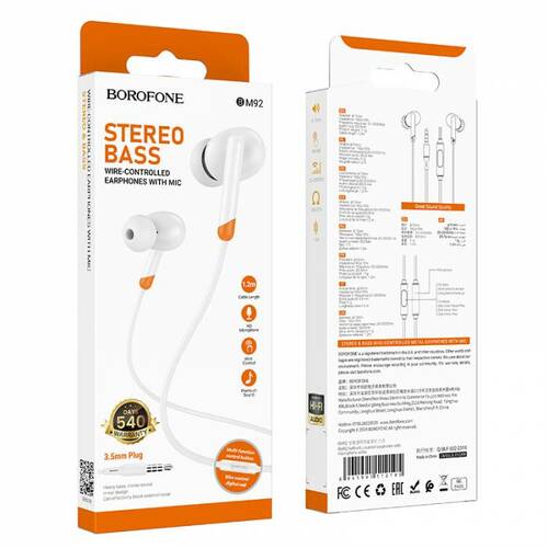 Наушники Borofone BM92 вакуумные, проводные, Jack 3.5, микрофон, белый