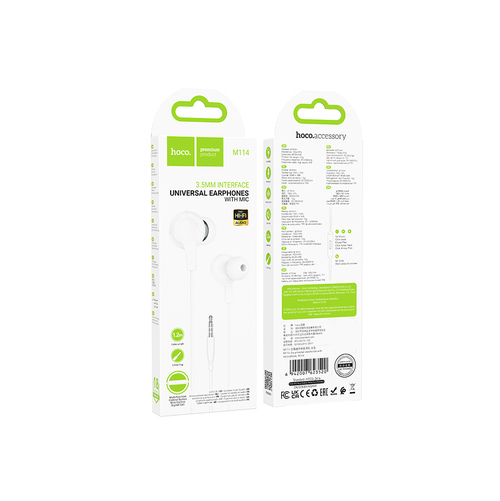 Наушники HOCO M114 вакуумные, проводные, Jack 3.5, микрофон, белый