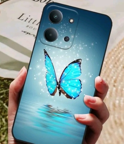 Накладка Xiaomi Redmi 15 бирюзово-синий с защитой камеры силикон Бабочки