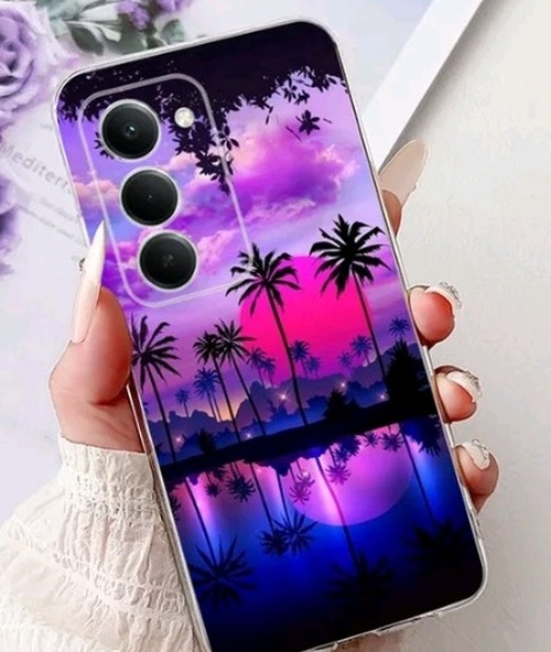 Накладка Xiaomi Redmi 15 сиренево-черный с защитой камеры силикон Пейзаж Закат