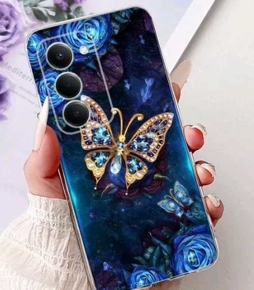 Накладка Xiaomi Redmi 15 темно-синий с защитой камеры силикон Бабочки