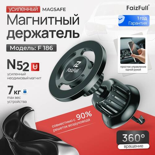 Держатeль для телефона автомобильный FaizFull F186 магнитный на решетку черный Magsafe
