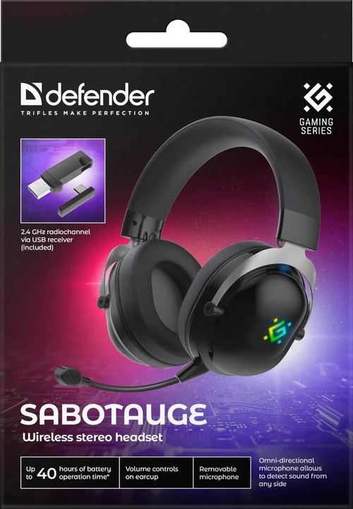 Наушники Defender Sabotauge накладные, Bluetooth, микрофон, игровые, черный