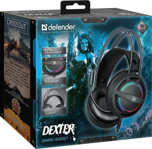 Наушники Defender Dexter накладные, проводные, Jack 3.5, USB, микрофон, игровые, подсветка, черный