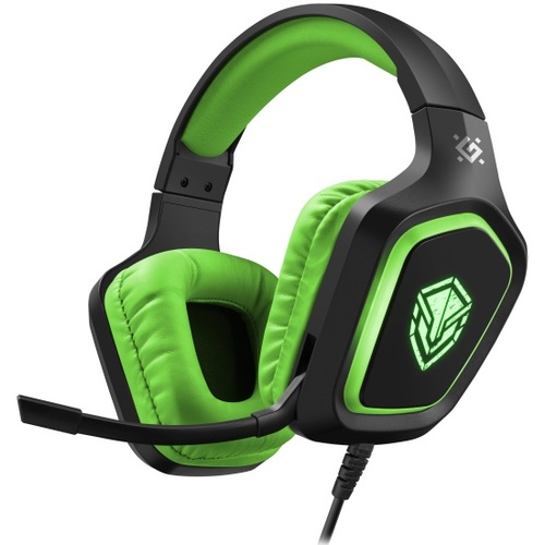 Наушники Defender Hinderer накладные, проводные, Jack 3.5, USB, микрофон, игровые, подсветка, черно-зеленый