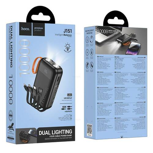 Внешний аккумулятор 10000 mAh HOCO J151 USB/microUSB/Type-C/Lightning черный LED дисплей + фонарь