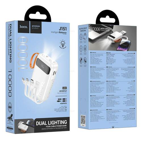 Внешний аккумулятор 10000 mAh HOCO J151 USB/microUSB/Type-C/Lightning белый LED дисплей + фонарь