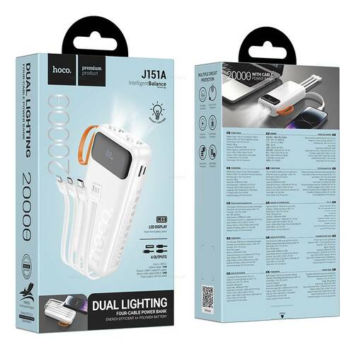 Внешний аккумулятор 20000 mAh HOCO J151A USB/microUSB/Type-C/Lightning белый LED дисплей PD 22.5W + QC3.0 + фонарик