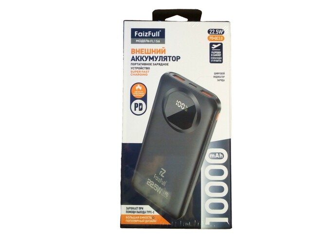 Внешний аккумулятор 10000 mAh FaizFull FL156 2USB+Type-C черный LED дисплей PD 22.5Вт+QC3.0