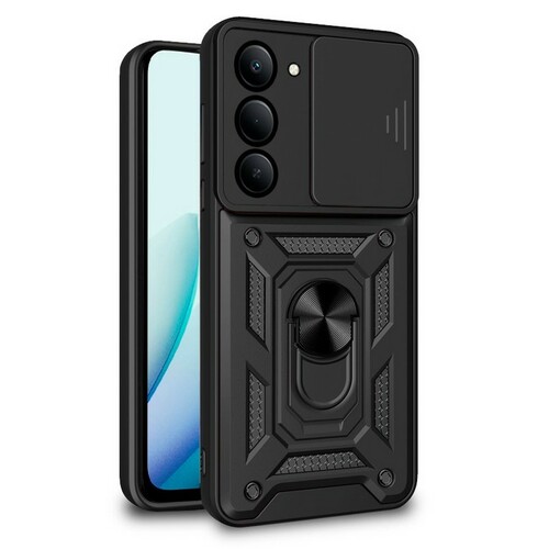 Накладка Xiaomi Redmi 15 черный силикон+пластик Armor Case Противоударный кольцо-подставка + магнитный держатель