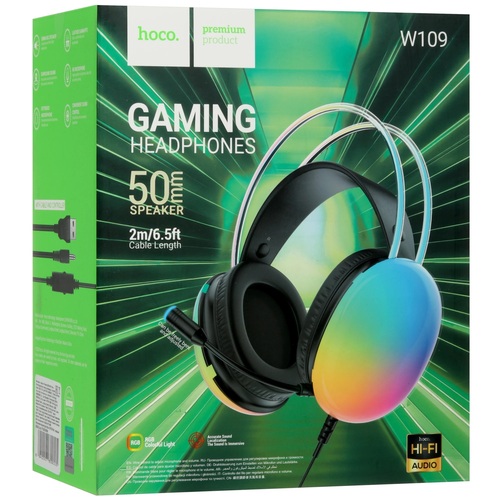 Наушники HOCO W109 накладные, проводные, Jack 3.5 4-pin, микрофон, игровые, подсветка, черный
