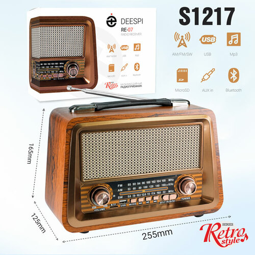 Радиоприемник Deespi RE-07 аналоговый FM, AM USB/microSD/Bluetooth питание от АКБ, от сети,