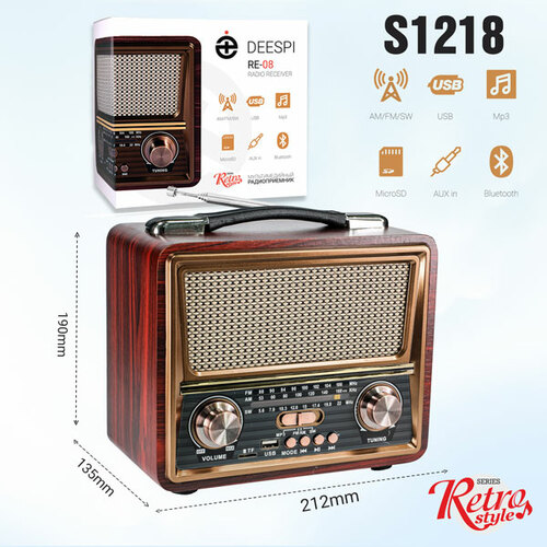 Радиоприемник Deespi RE-08 аналоговый FM, AM USB/microSD/Bluetooth питание от АКБ, от сети,