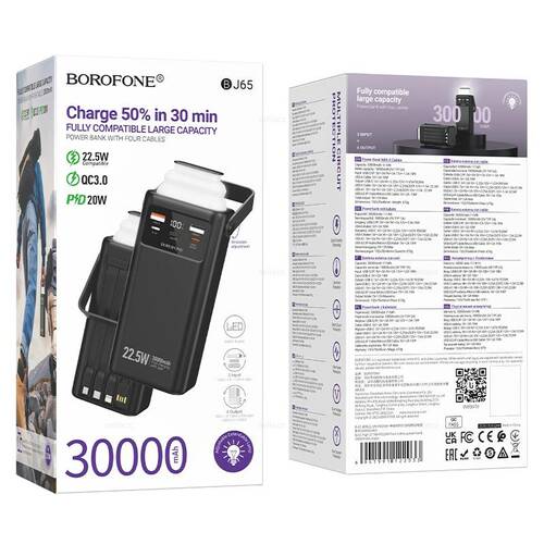 Внешний аккумулятор 30000 mAh Borofone BJ65 2USB/Type-C/Lightning черный LED дисплей PD+QC, фонарь
