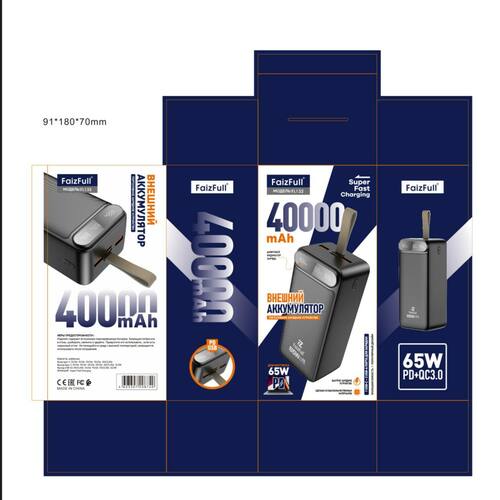 Внешний аккумулятор 40000 mAh FaizFull FL132 2USB+Type-C черный LED дисплей PD+QC, 65Вт