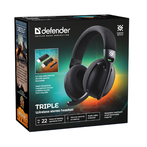 Наушники Defender Triple накладные, Bluetooth, микрофон, игровые, черный