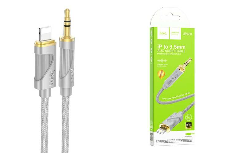 Переходник 8 pin Lightning - Jack 3.5(п) Hoco UPA30 серый текстиль 1 м.