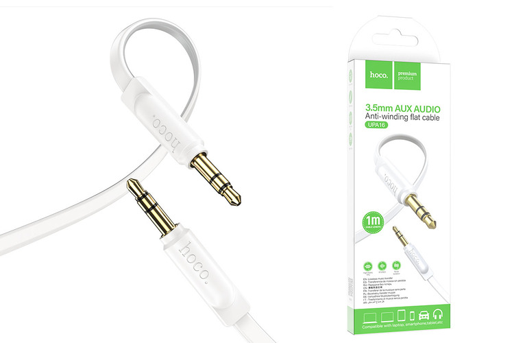 Кабель Jack 3.5(п) - Jack 3.5(п) HOCO UPA16 силикон белый плоский 1 м.
