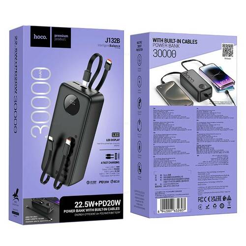 Внешний аккумулятор 30000 mAh HOCO J132B USB/microUSB/Type-C/Lightning черный LED дисплей PD 22.5Вт+QC
