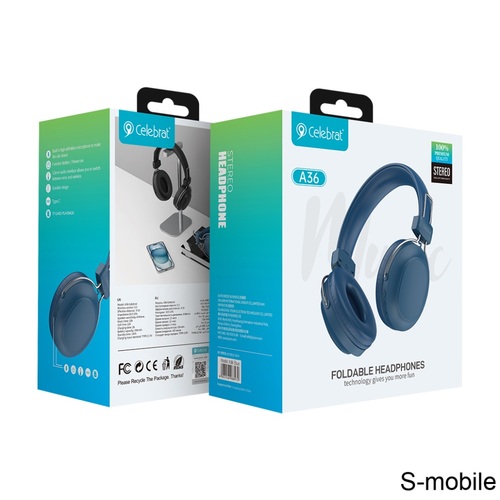 Наушники Celebrat A36 накладные, Bluetooth, микрофон, синий