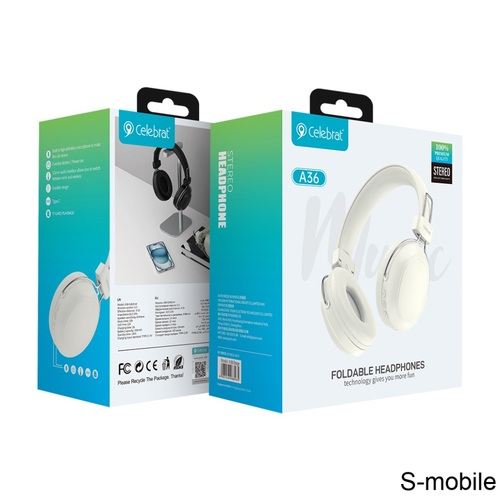 Наушники Celebrat A36 накладные, Bluetooth, микрофон, белый