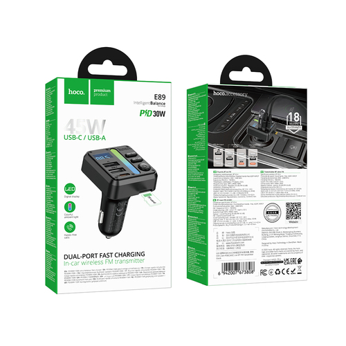 FM-трансмиттер HOCO E89 Bluetooth, 2*USB/TF черный 45Вт, PD30W