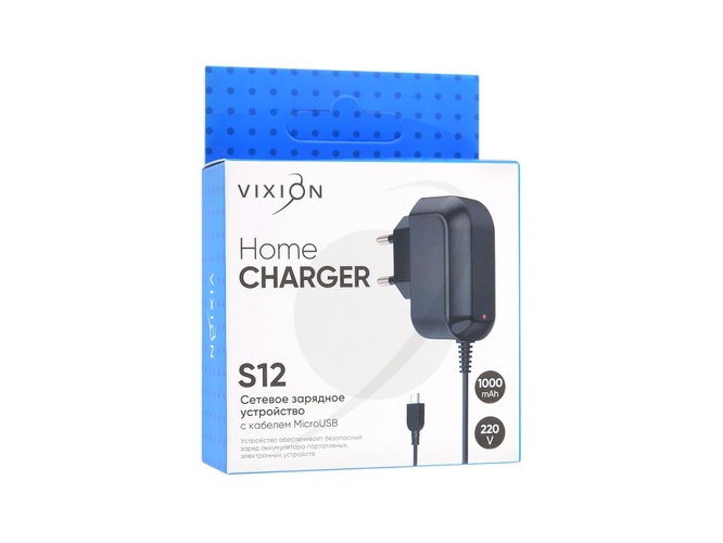 Сетевое зарядное устройство Vixion S12 1USB черный Micro USB 1A встроенный кабель