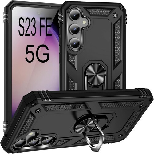 Накладка Samsung S23 FE черный силикон+пластик Armor Case Противоударный кольцо-подставка + магнитный держатель