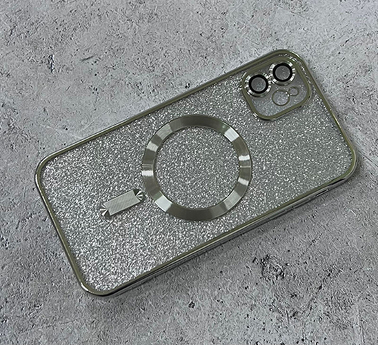 Накладка Apple iPhone 14 серебро с блестками и стеклами на камере силикон SafeMag