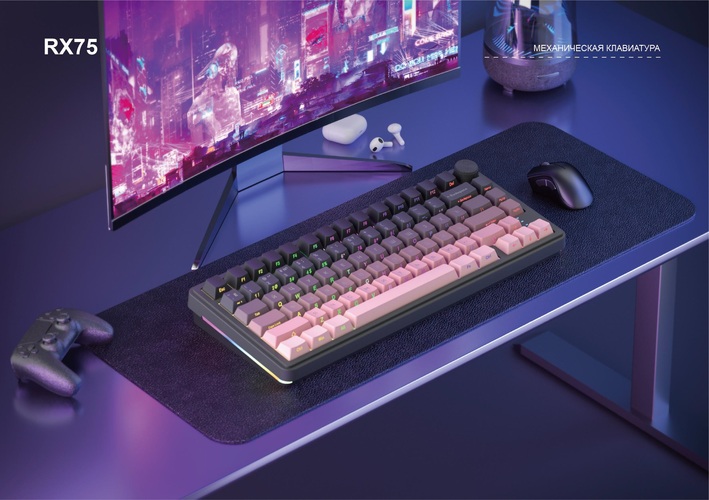 Клавиатура CYBERLYNX RX75 PRO Bluetooth+2,4G механика, LED подсветка черно-розовый голубые свичи