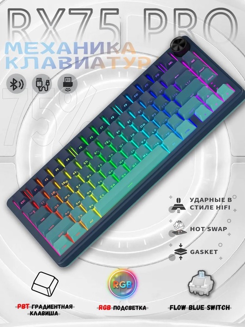 Клавиатура CYBERLYNX RX75 PRO Bluetooth+2,4G механика, LED подсветка сине-зеленый черные свичи