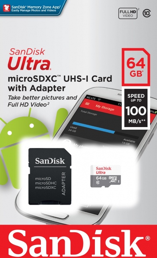 Карта памяти micro SD Sandisk 64GB Класс 10 Ultra 120 Mb/s c адаптером