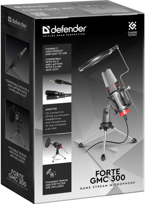 Микрофон Defender Forte GMC 300 компьютерный, для стрима настольный, Jack 3.5, черный