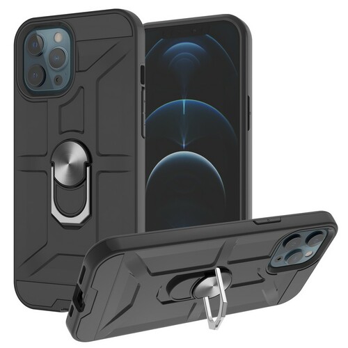 Накладка Apple iPhone 12/12 Pro черный силикон+пластик Armor Case Противоударный кольцо-подставка + магнитный держатель