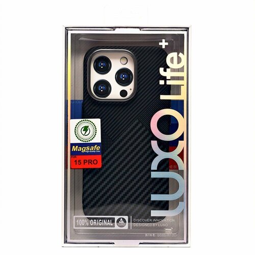 Накладка Apple iPhone 15 Pro серо-черный с бортиком вокруг камеры пластик Luxo SafeMag Карбон комбинированный - 2
