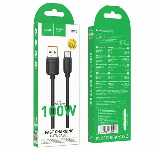 Кабель USB - Type-C HOCO X115 пвх черный круглый 5A 1 м. 100W