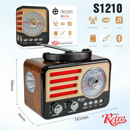 Радиоприемник Deespi RE-01R аналоговый FM, AM USB/microSD/Bluetooth питание от АКБ, от сети,