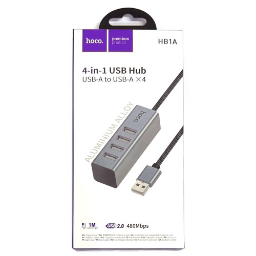 USB разветвитель HOCO HB1A 4 порта, USB 2.0, кабель 1 м, текстиль