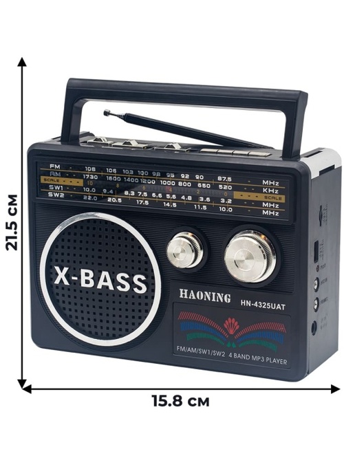 Радиоприемник Haoning HN-4325UAT аналоговый FM, AM, SW USB/microSD питание от АКБ черный