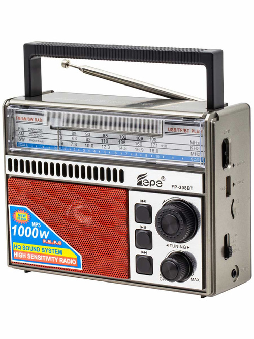 Радиоприемник Epe FP-308BT аналоговый FM, AM, SW Bluetooth/FM/USB/TF, питание от АКБ, от сети, серебро