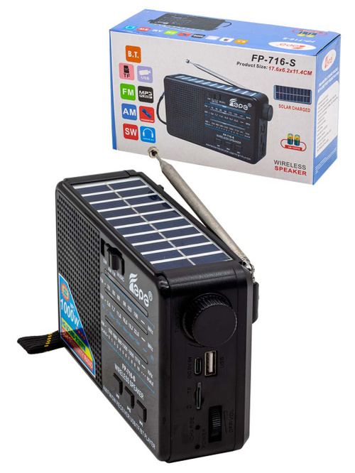 Радиоприемник Epe FP-716-S аналоговый FM, AM, SW Bluetooth/AUX/FM/USB/TF, питание от АКБ, от сети, черный