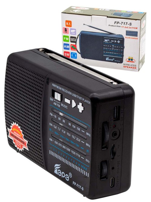 Радиоприемник Fepe FP-717-S аналоговый FM, AM, SW Bluetooth/AUX/FM/USB/TF, питание от АКБ, от сети, черный
