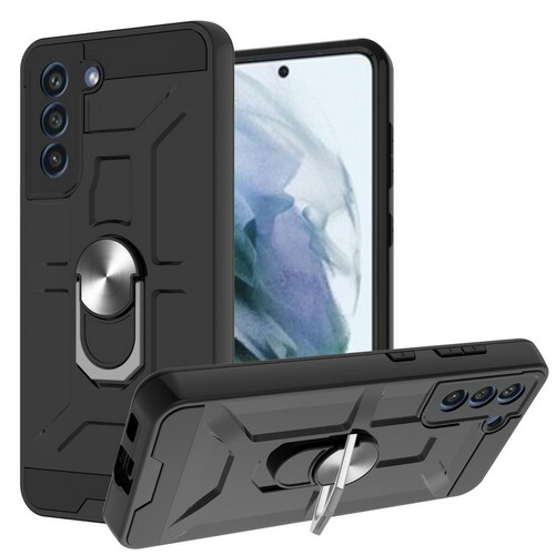 Накладка Samsung S21 FE черный силикон+пластик Armor Case Противоударный кольцо-подставка + магнитный держатель