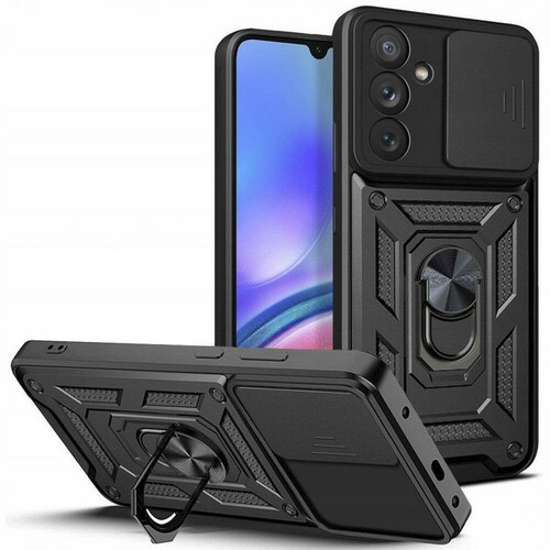 Накладка Samsung A25 черный с защитой камеры силикон+пластик Armor Case Противоударный кольцо-подставка + магнитный держатель