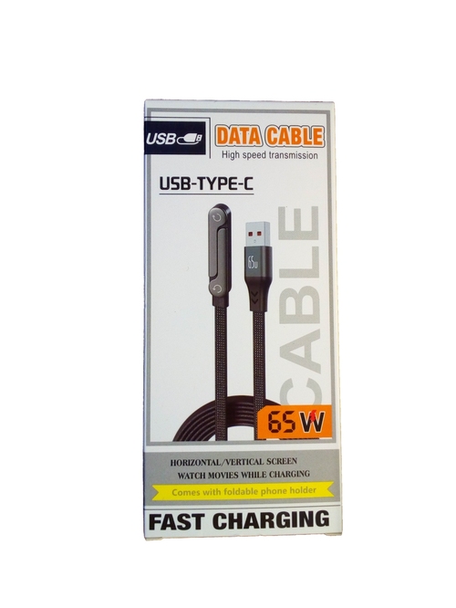 Кабель USB - Type-C No brand текстиль черный плоский угл. штекер подставка