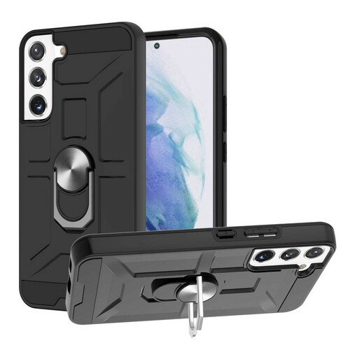 Накладка Samsung S22 Plus черный силикон+пластик Armor Case Противоударный кольцо-подставка + магнитный держатель
