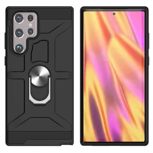 Накладка Samsung S23 Ultra черный силикон+пластик Armor Case Противоударный кольцо-подставка + магнитный держатель